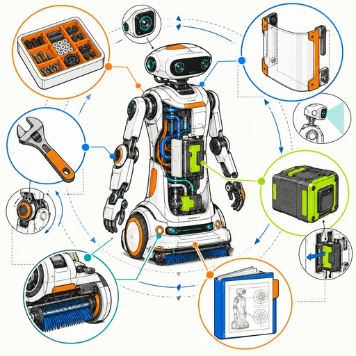 Tavola tecnica di un robot domestico circondato da componenti, strumenti, sensori e moduli di valutazione