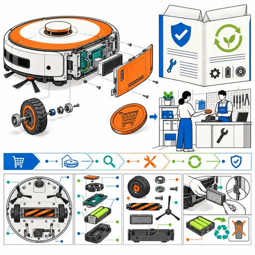 Tavola tecnica di un robot domestico smontato con ruota, pannello di servizio e percorso di riparazione