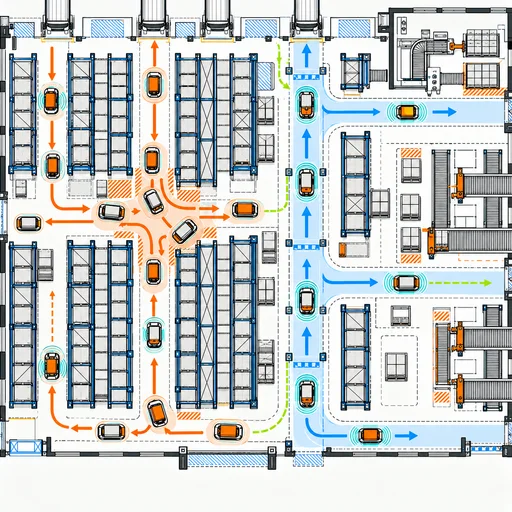 Planimetria tecnica di un magazzino con robot mobili, incrocio congestionato e flussi riorganizzati