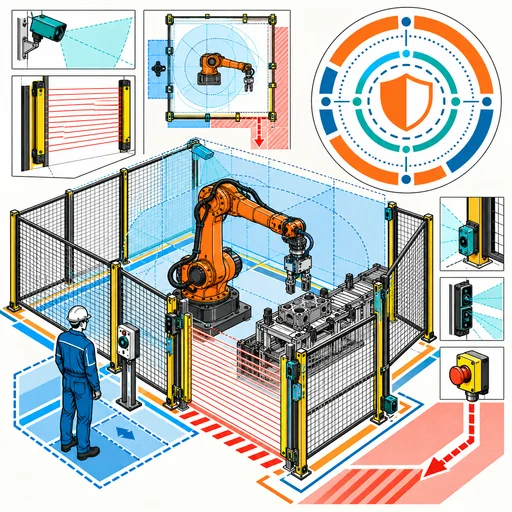 Tavola tecnica di una cella robotica industriale con recinzioni, sensori, arresto di emergenza e zone di sicurezza