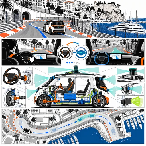 Schema tecnico di un robotaxi su un circuito urbano con passaggio dalla guida manuale a quella autonoma